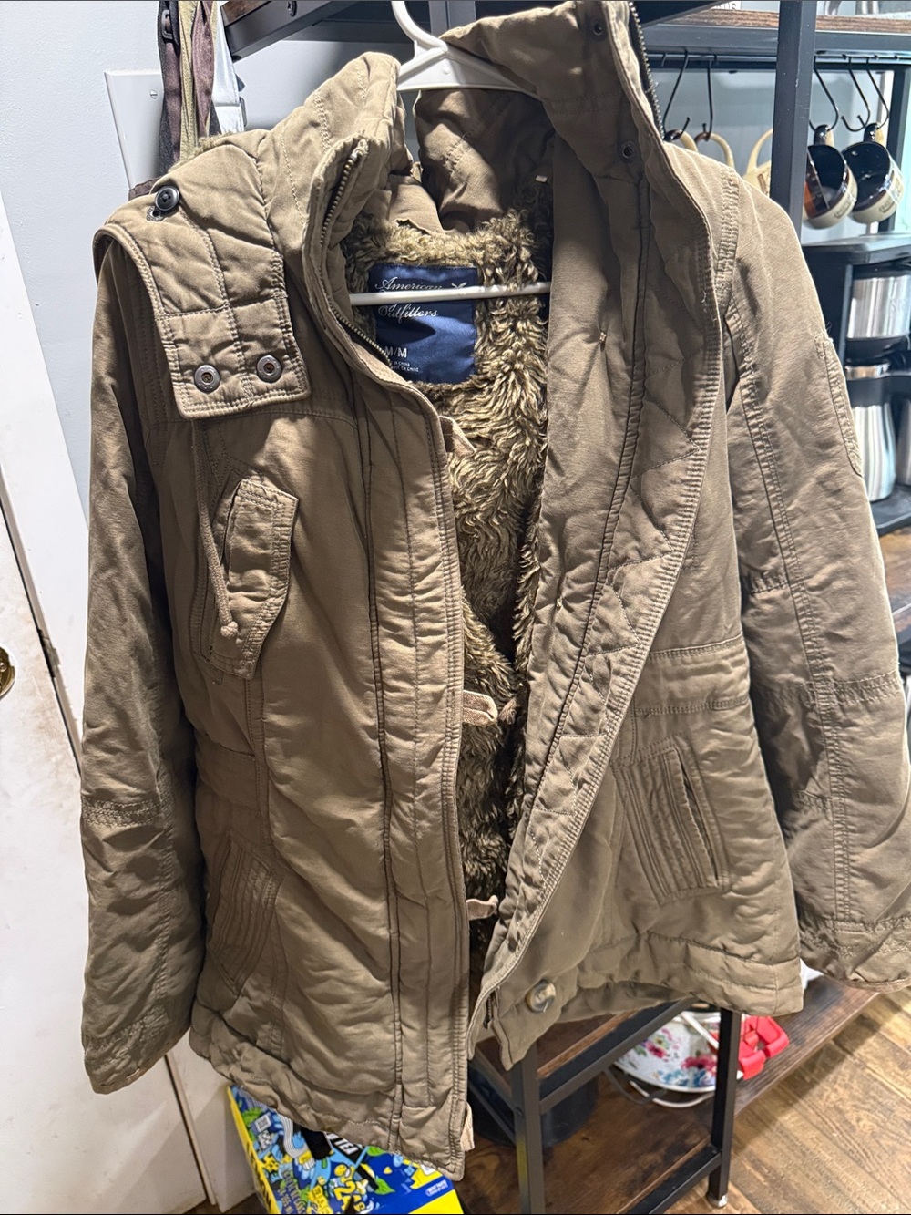 American Eagle Outfitters Tan Utility Hooded Jacket with Faux Fur Lining